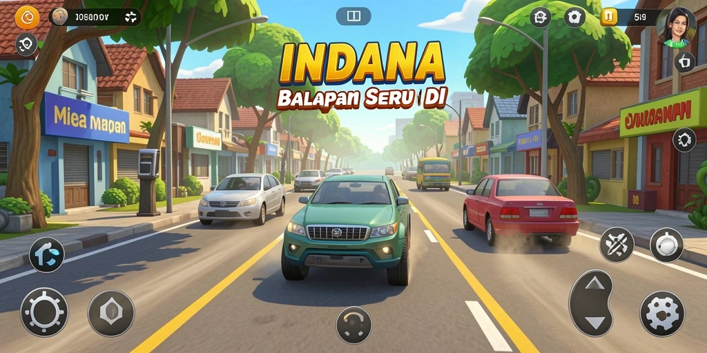 Gameplay seru di lintasan balap dengan mobil yang melaju kencang.