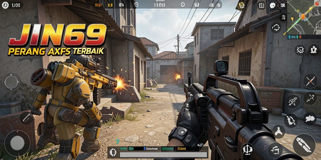 Screenshot utama JIN69 menampilkan aksi tembak-menembak yang seru dalam mode FPS.