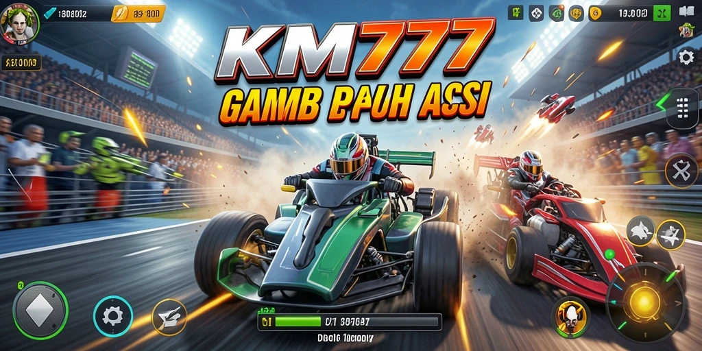 Screenshot gameplay KM777 menampilkan mobil balap melaju cepat di trek.
