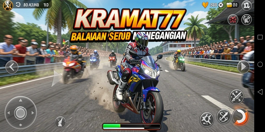 Gameplay seru KRAMAT77 dengan balapan motor yang penuh aksi.