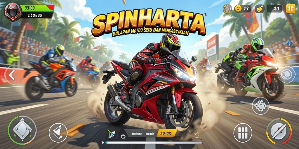 Screenshot gameplay SPINHARTA dengan aksi balapan motor yang mendebarkan.
