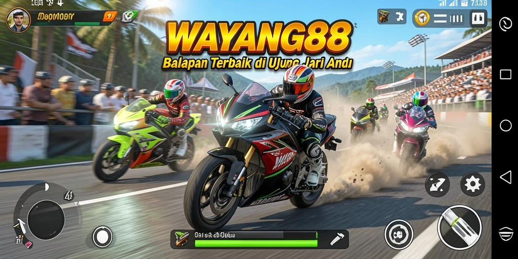 Screenshot dari gameplay WAYANG88, menunjukkan aksi balapan motor yang cepat.
